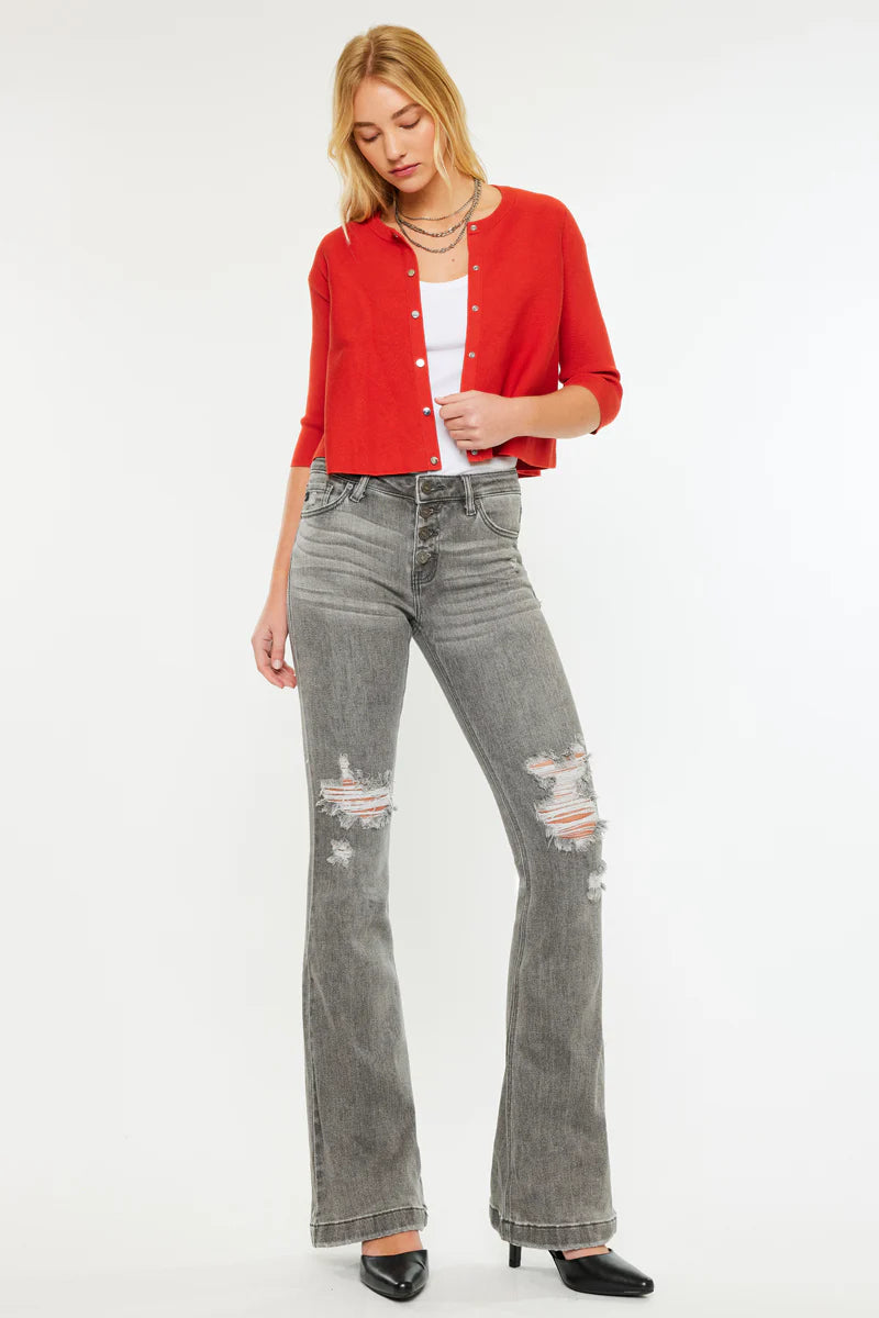 KanCan Mid Rise Button Up Distressed Flare Jean