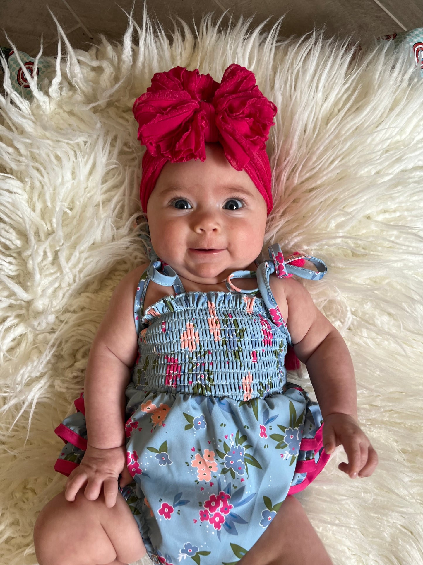 Blue Floral Ruffle Back Infant Bubble