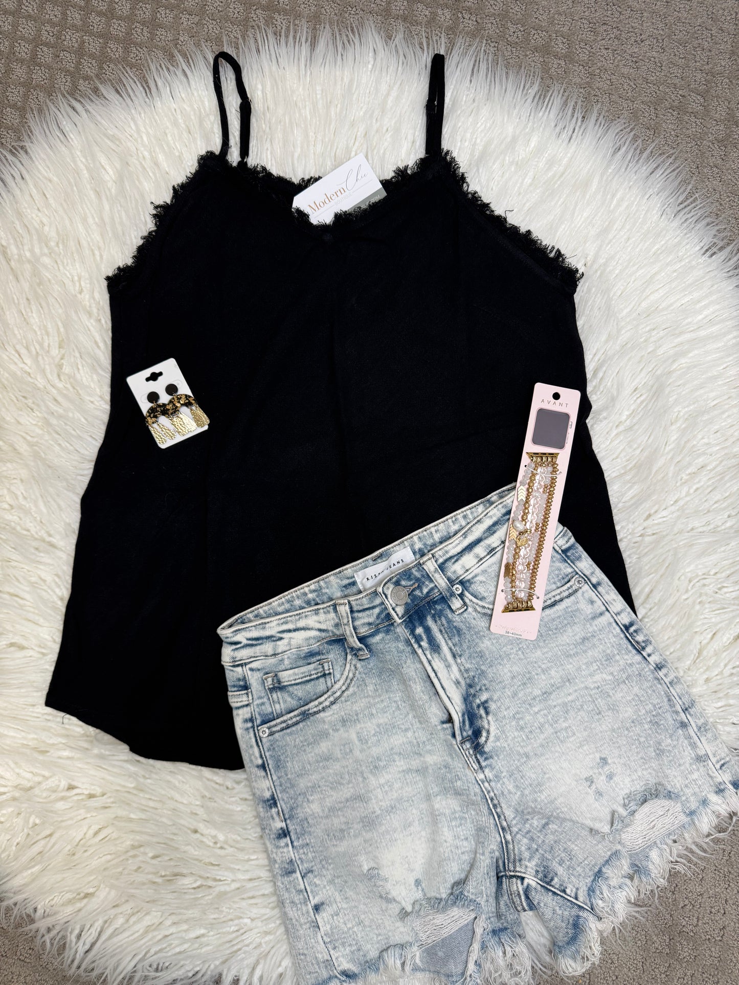 Black Self Fray Tank Top