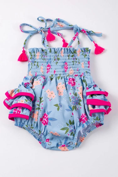 Blue Floral Ruffle Back Infant Bubble