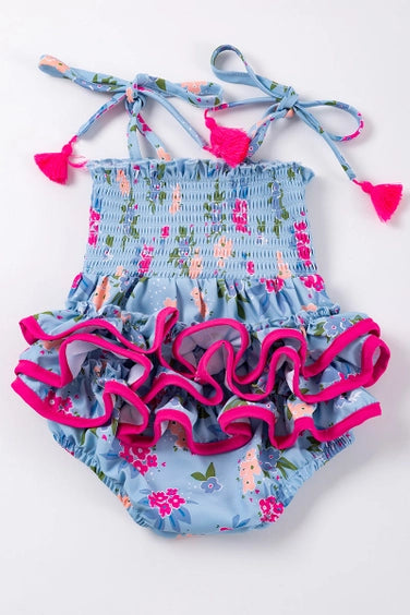 Blue Floral Ruffle Back Infant Bubble