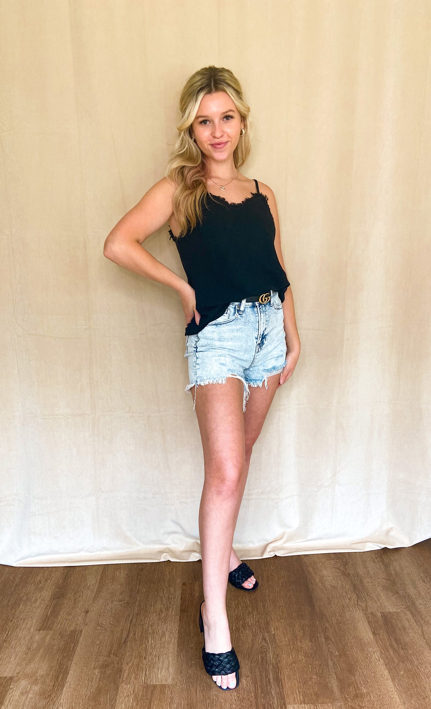 Acid Wash Mid-Length Denim Shorts