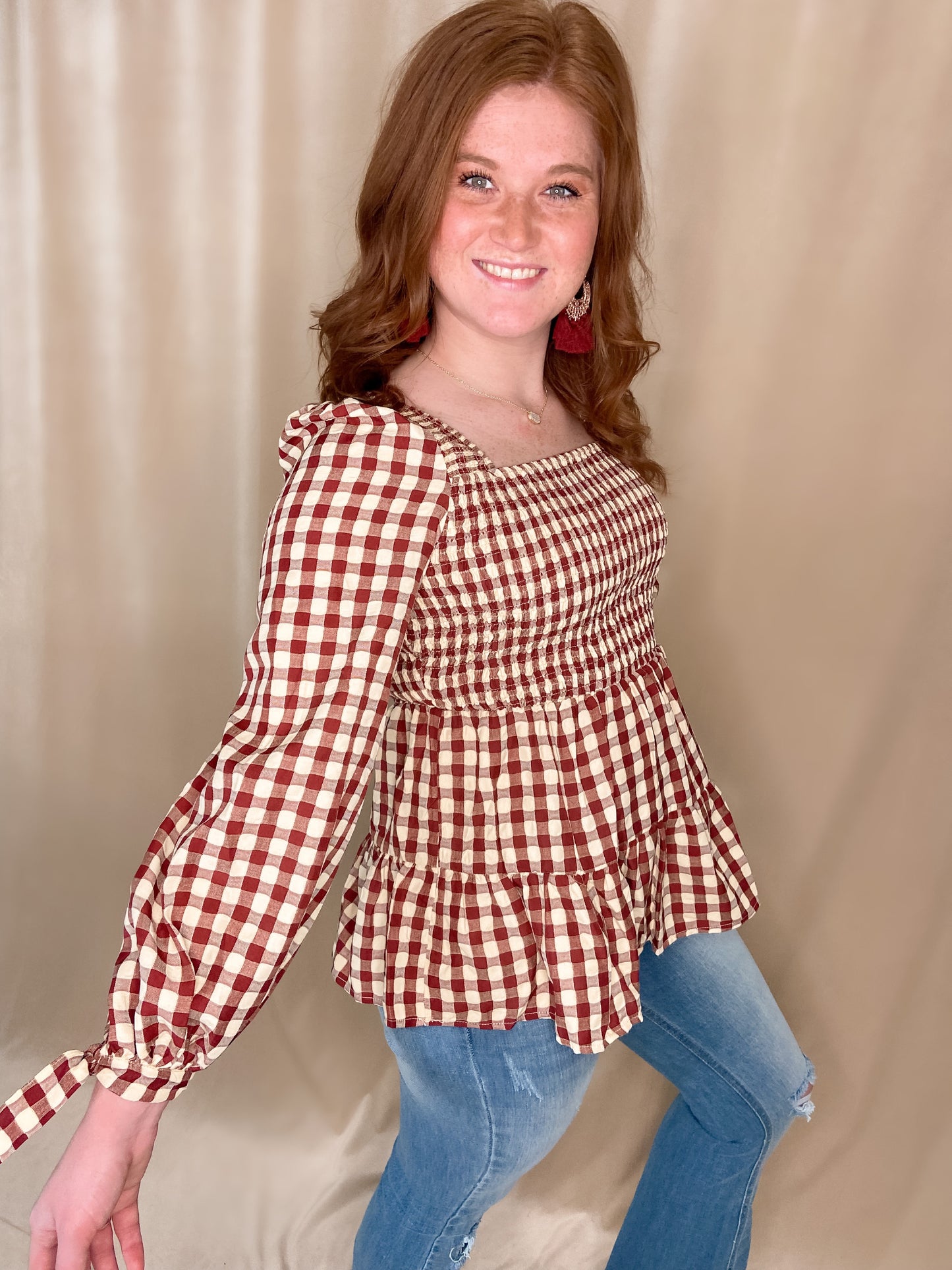 Gingham Smocked Babydoll Top