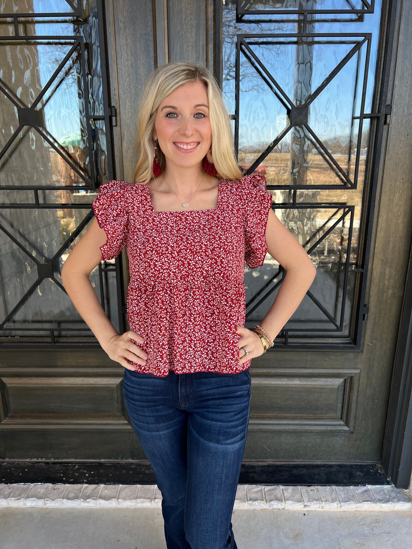 Red Floral Butterfly Sleeve Top