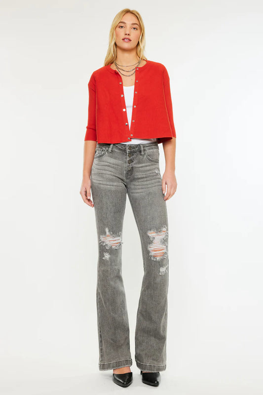KanCan Mid Rise Button Up Distressed Flare Jean
