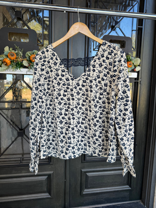 Blue Floral Print Lace Back Top