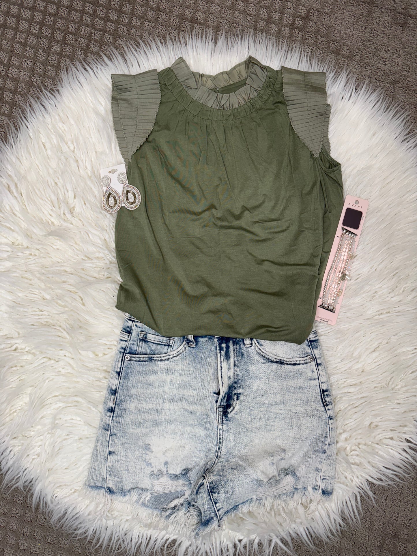 Olive Ruffle Cap Sleeve Top