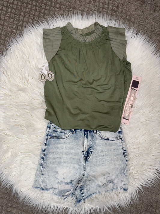 Olive Ruffle Cap Sleeve Top