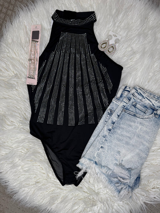 Black Bedazzle Bodysuit Top