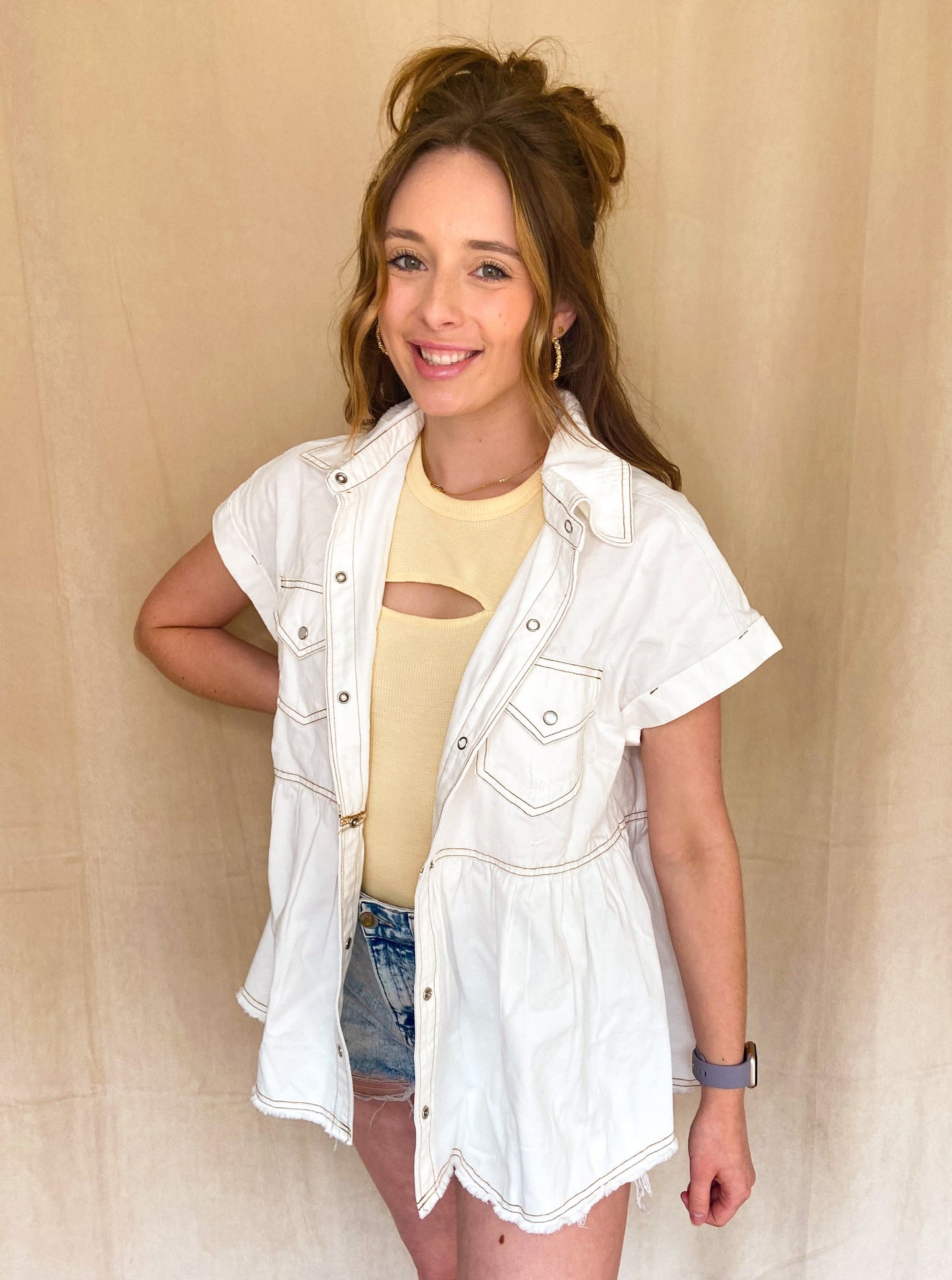 White Denim Button Up Top