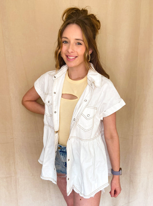 White Denim Button Up Top