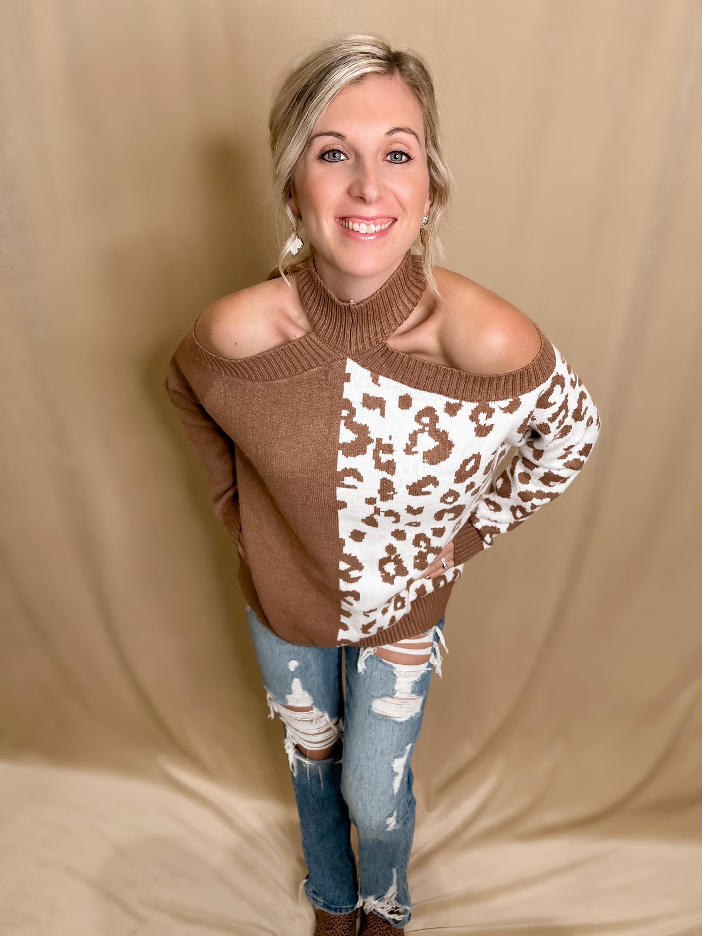 Leopard Cold Shoulder Knit Sweater