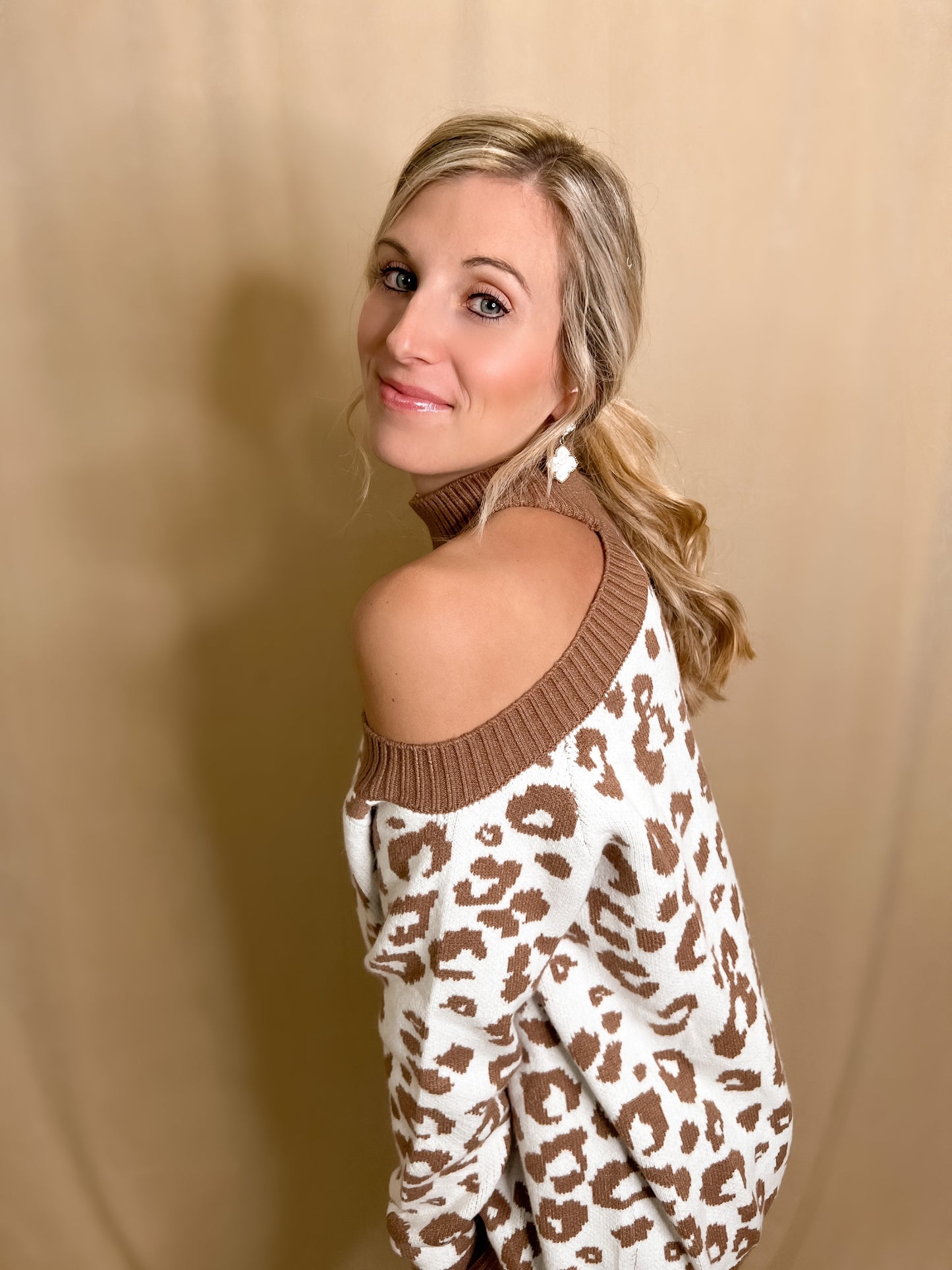 Leopard Cold Shoulder Knit Sweater