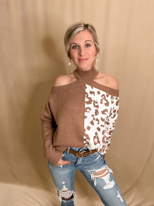 Leopard Cold Shoulder Knit Sweater