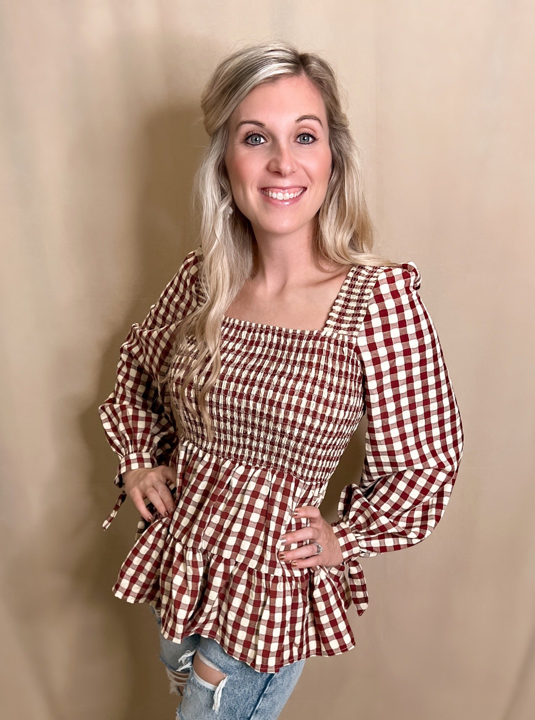 Gingham Smocked Babydoll Top