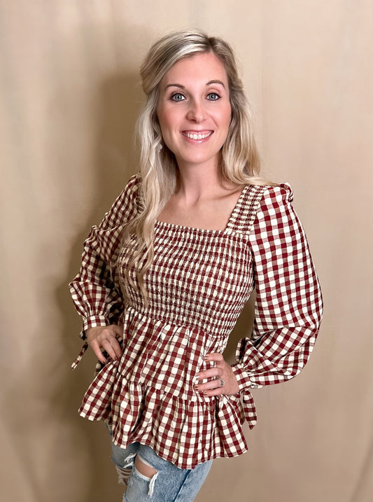 Gingham Smocked Babydoll Top