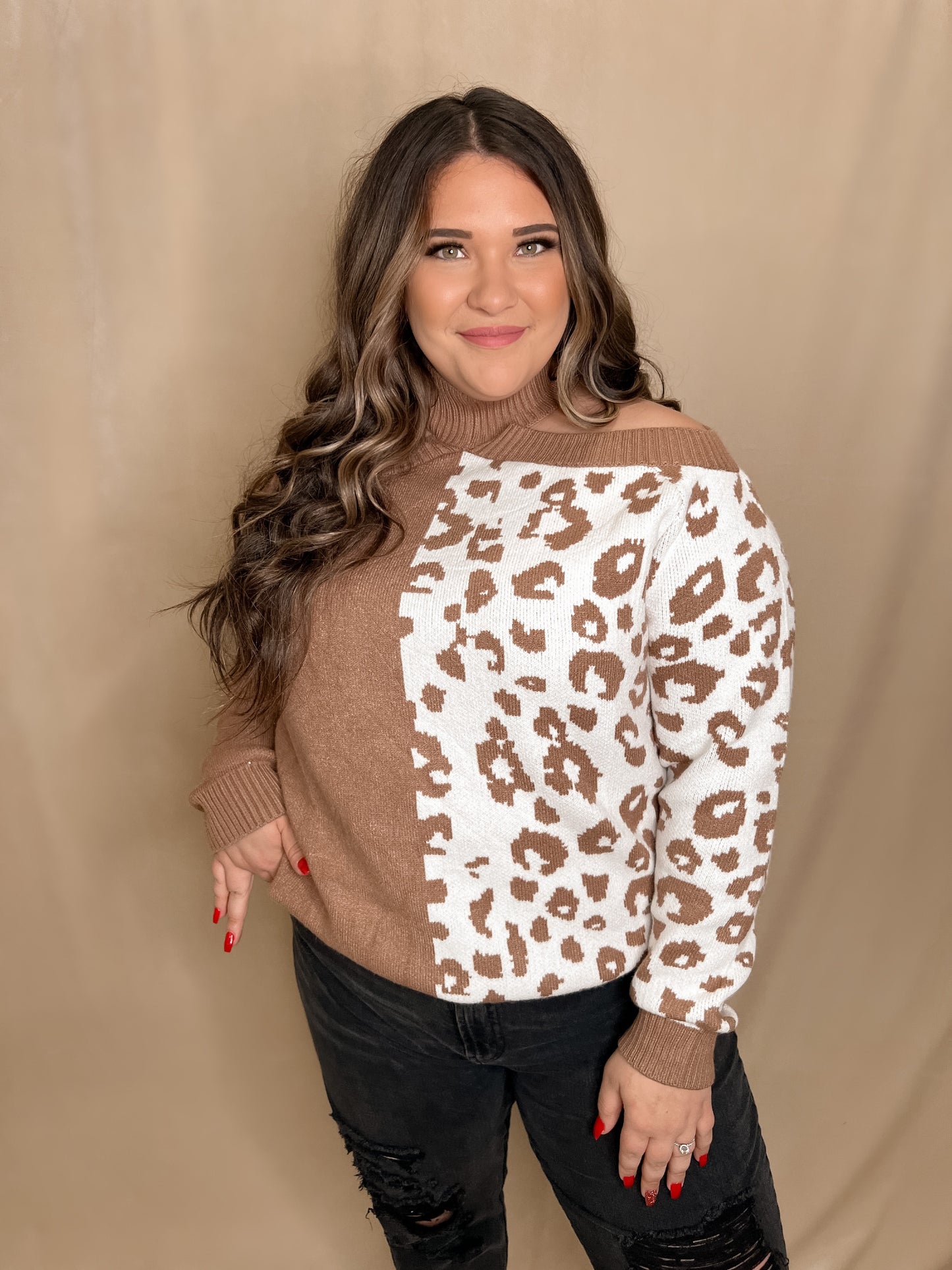 Leopard Cold Shoulder Knit Sweater