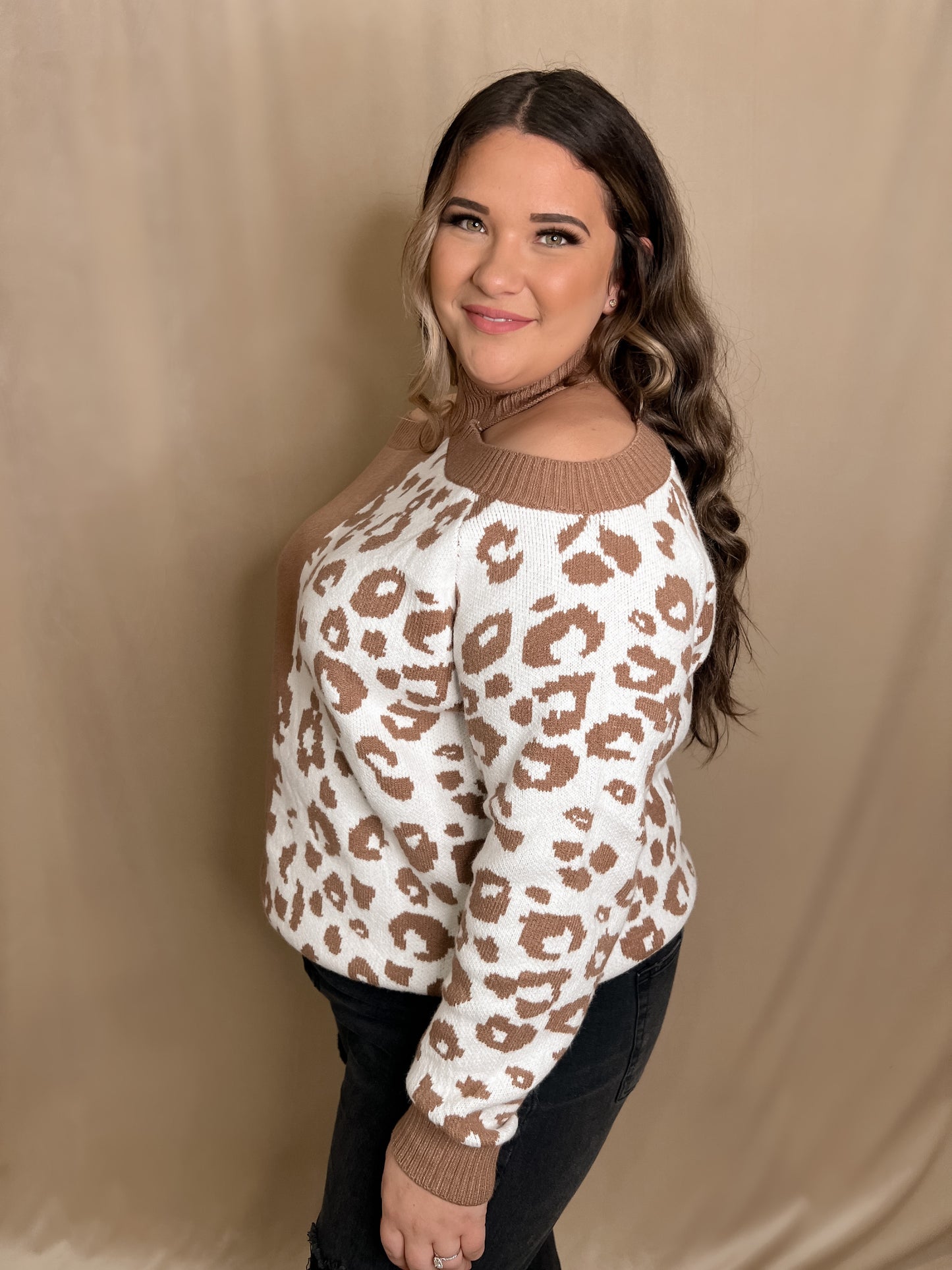 Leopard Cold Shoulder Knit Sweater