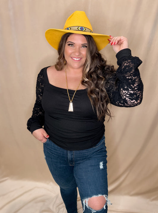 Black Lace Puff Sleeve Top