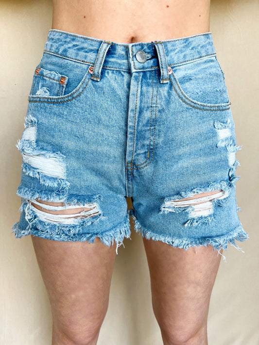 Distressed Mid-Length Denim Shorts