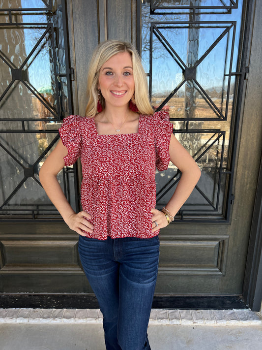Red Floral Butterfly Sleeve Top