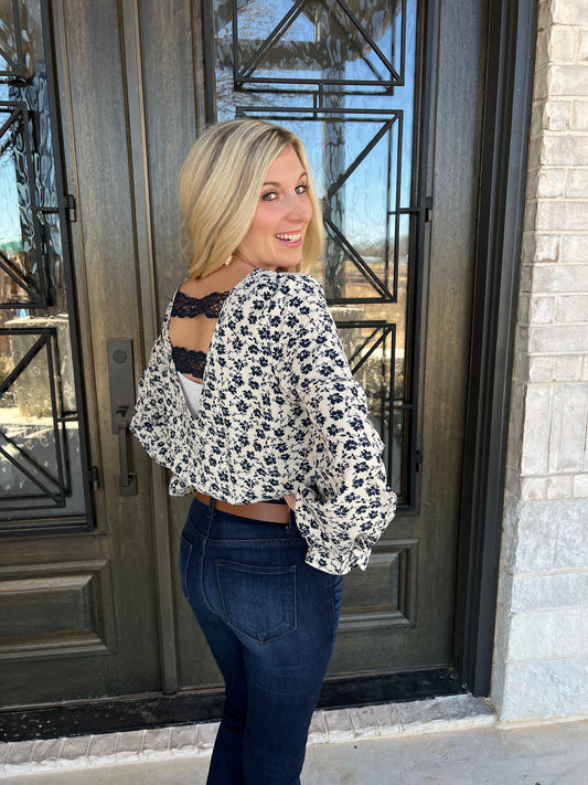 Blue Floral Print Lace Back Top