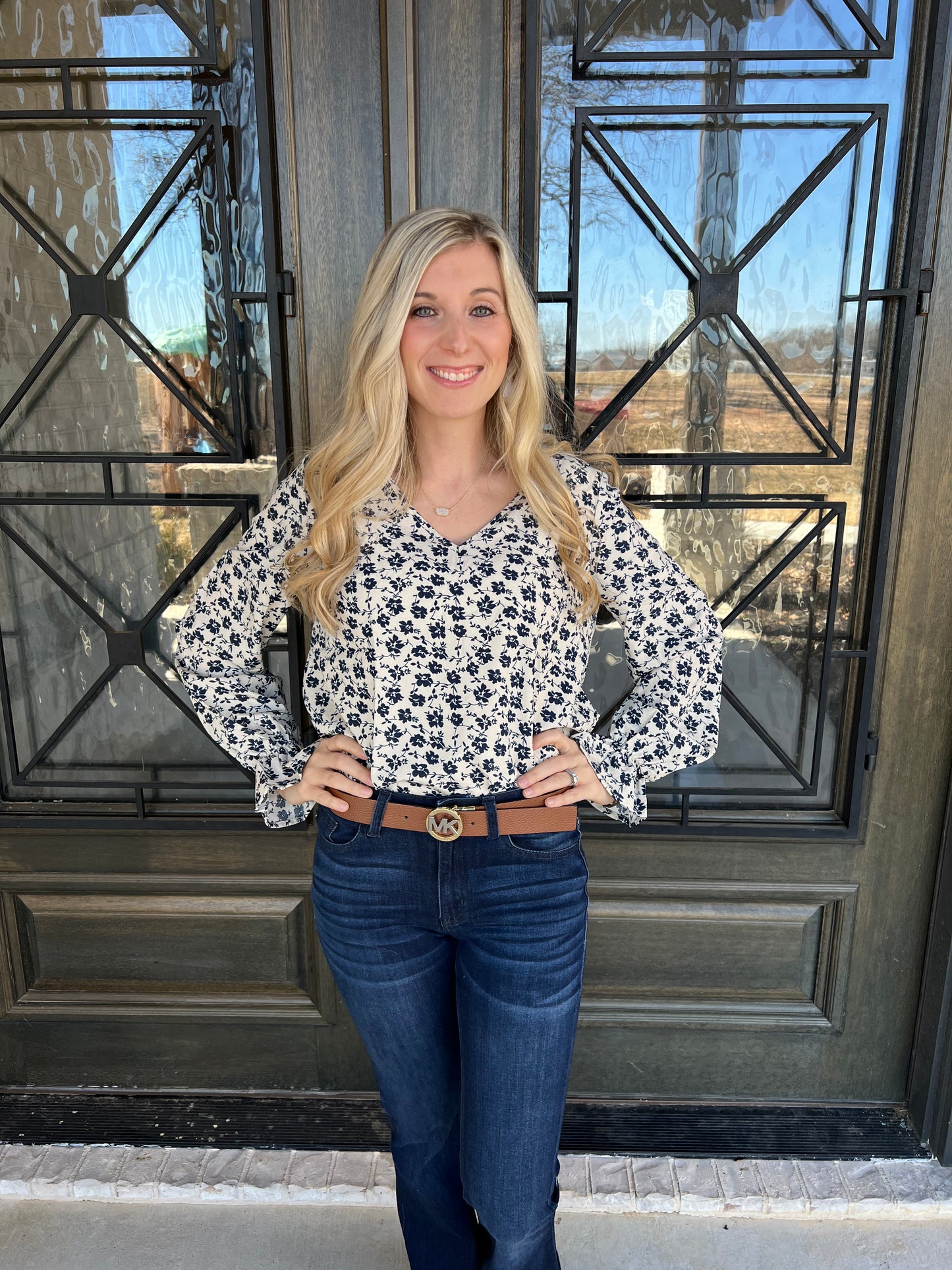 Blue Floral Print Lace Back Top