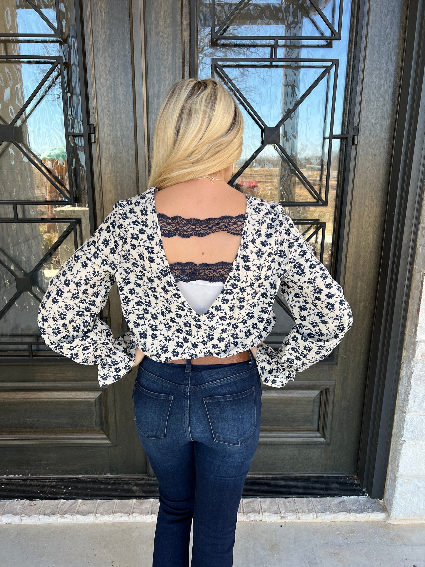 Blue Floral Print Lace Back Top