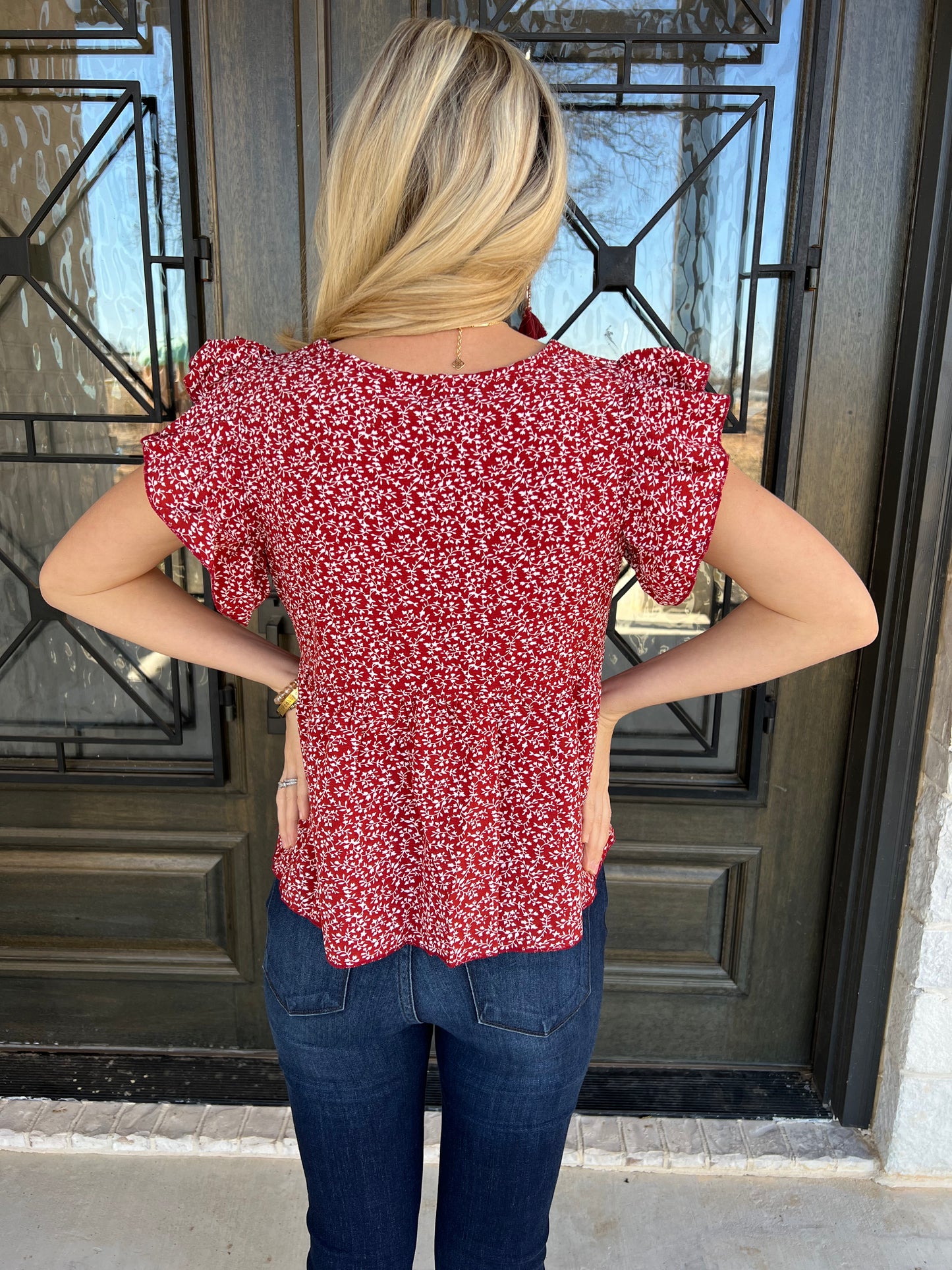 Red Floral Butterfly Sleeve Top