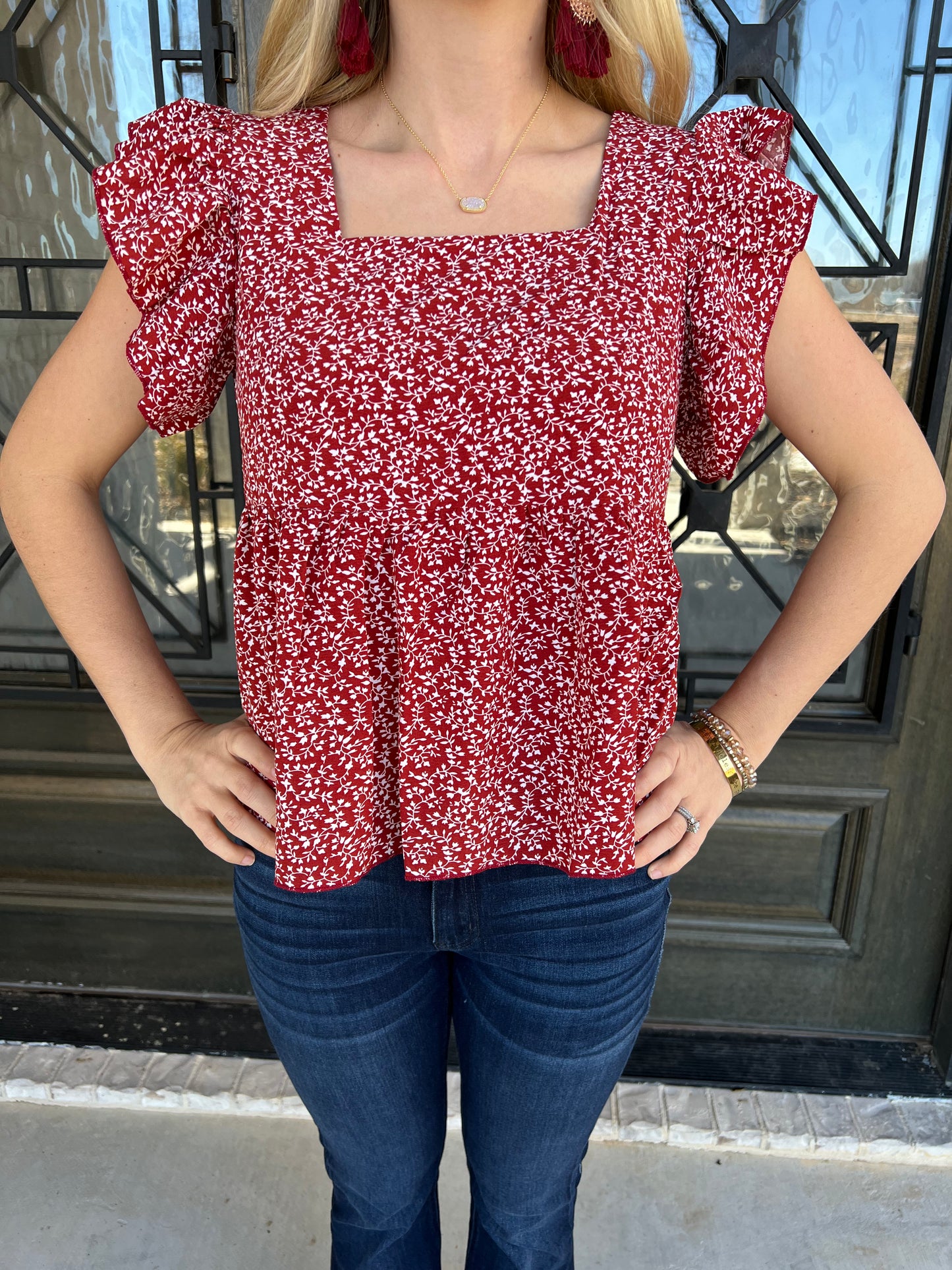 Red Floral Butterfly Sleeve Top